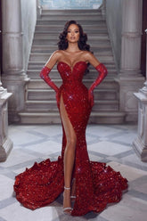 Vestido de noche largo sexy de sirena con lentejuelas, escote en V, sin mangas y abertura con purpurina roja